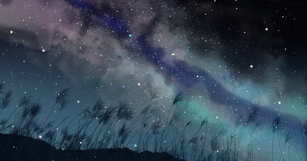 満月と天の川とススキの幻想的な夜空